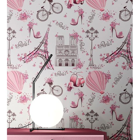 Papel de Parede Infantil Paris com Fundo Rosa Claro Lambretas e Flores