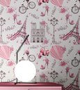 Ver imagem 1 de Papel de Parede Infantil Paris com Fundo Rosa Claro Lambretas e Flores