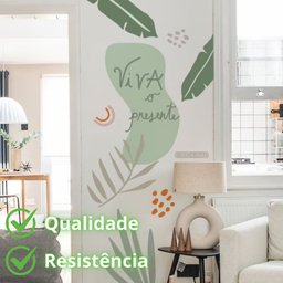 Adesivo de Parede Flor Verde Frase Viva o Presente Folhas Bananeira - 2