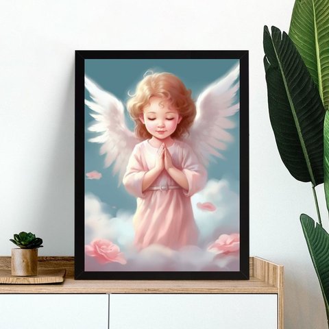 Quadro Infantil Anjinha Rezando 33x24cm:moldura Branca