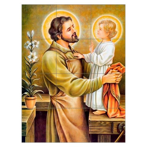 Quadro São José Operário com Menino Jesus 80x60 em Azulejos