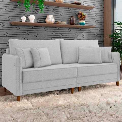 Sofá 3 Lugares Living 212cm Pé Madeira Zoe Linho Cinza Claro Z08 - Mpozenato