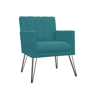 Poltrona Estofada para Quarto Closet com Pés de Ferro Cecília Suede Azul Turquesa - Incasa Decor