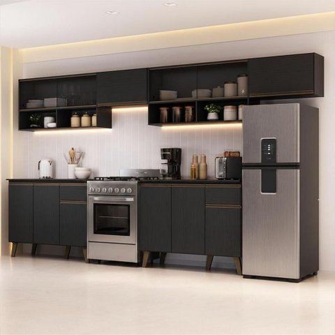 Armário de Cozinha Completa Atlanta Celine 12 Portas MDP 330cm Preto Touch Móveis Carraro