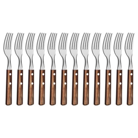 Kit 12 Garfos de Mesa Tramontina Polywood Inox Cabo Castanho