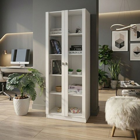 Armário para Escritório com 2 Portas de Vidro e 5 Prateleiras ME4115 Branco