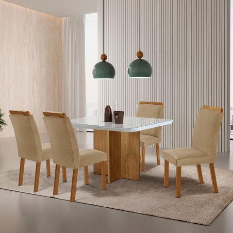 Sala de Jantar Mesa 90cm Olímpia em Mdf com Vidro Canto Copo 4 Cadeiras Athenas Moderna Mobilia
