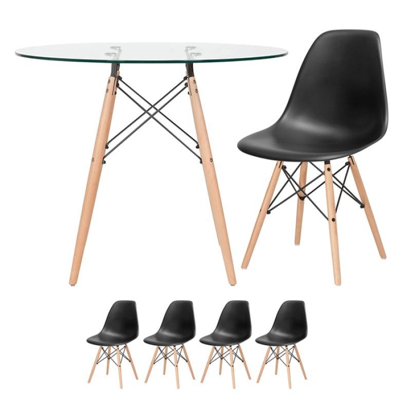 Conjunto de Mesa Eames 90cm - Tampo de Vidro + 4 Cadeiras Eames Eiffel Dsw - Preto PROLAR