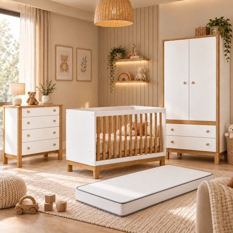 Quarto de Bebê Flora Guarda Roupa 2 Portas Cômoda Berço Colchão 130x70 D18 Qmovi