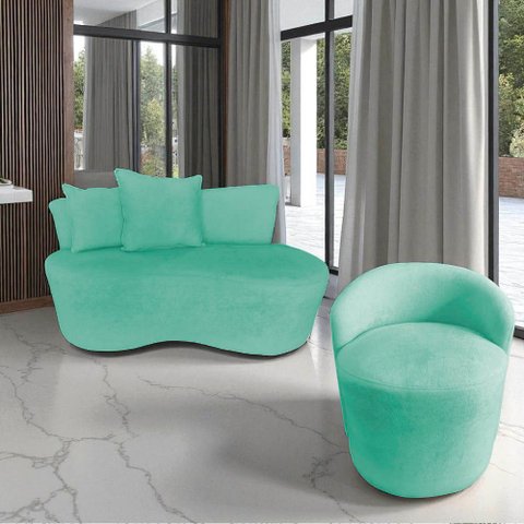 Kit Namoradeira + Poltrona Yara Orgânica Veludo Acqua