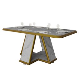 Mesa para Sala de Jantar Retangular Moderna Estampa Marmorizada:branco/dourado - 2