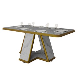 Mesa para Sala de Jantar Retangular Moderna Estampa Marmorizada:branco/dourado