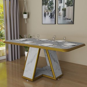 Mesa para Sala de Jantar Retangular Moderna Estampa Marmorizada:branco/dourado