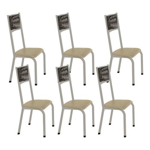 Kit 6 Cadeiras Sofia Corino Creme e Fibra Nautica Preta Tubo Champanhe