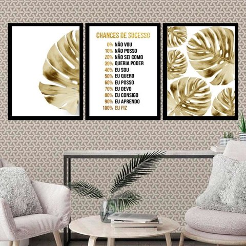 Kit 3 Quadros Motivacionais Sucesso - Dourado 33x24cm - com Vidro:madeira Preta