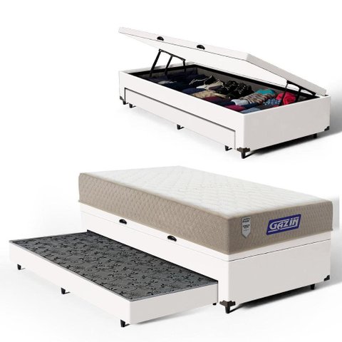 Cama Box Baú com Colchão Gazin de Espuma D28 Double Face Force Plus + Auxiliar de Espuma Solteiro