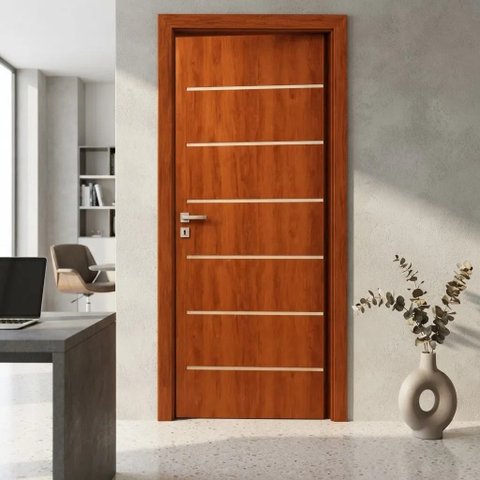 Porta Madeira Interna R50VL 210x80 Frisada Moderna:Mogno