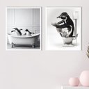 Ver imagem 2 de Kit 2 Quadros Divertidos para Banheiro - Pinguins 24x18cm - com Vidro:madeira Branca