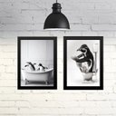 Ver imagem 1 de Kit 2 Quadros Divertidos para Banheiro - Pinguins 24x18cm - com Vidro:madeira Branca