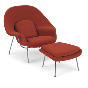 Poltrona Womb Chair com Puff em Bouclê Terracota - Base Cromada