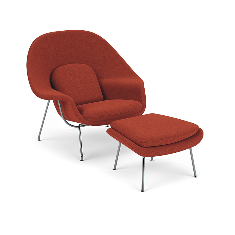 Poltrona Womb Chair com Puff em Bouclê Terracota - Base Cromada