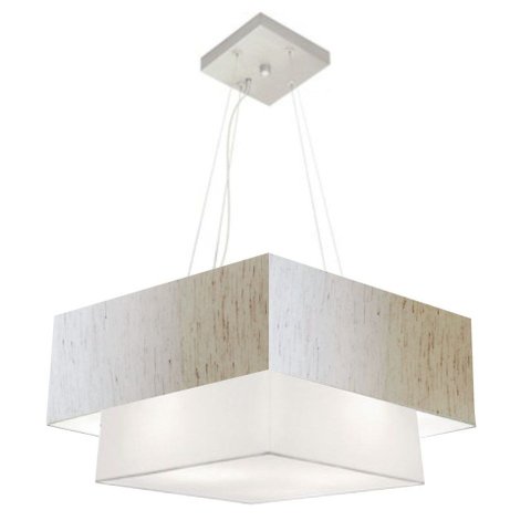 Lustre Pendente Duplo Quadrado Vivare Md-4066 Cúpula em Tecido 50x35cm - Bivolt - Linho Bege / Branc