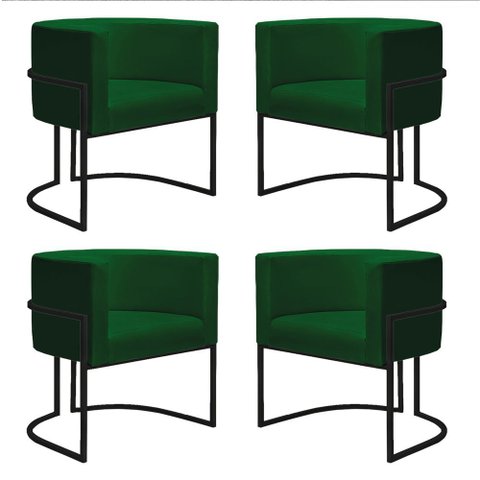 Kit 4 Poltronas Reforçadas Decorativa Sala Nayara Base Ferro Preto Suede Verde