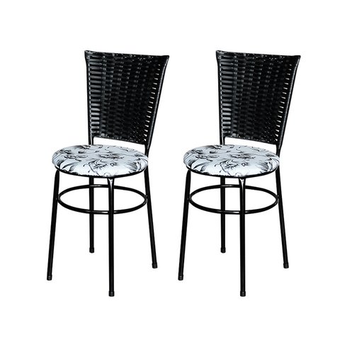 2 Cadeiras Pretas para Mesa Hawai Preta com Assento Floral:floral Branco