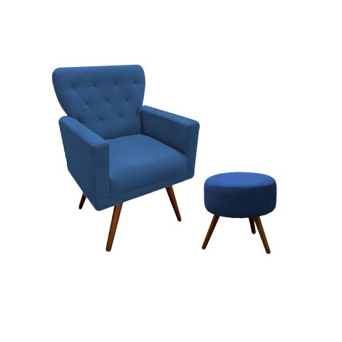 Kit Poltrona Decorativa Aurora + 1 Puff Redondo Suede Azul Marinho Pés Madeira Ms Decor