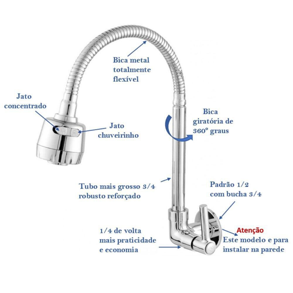 Torneira Parede Tubo Gourmet Flexível Cromada 32cm - 5