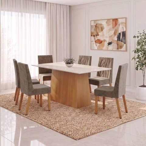 Conjunto Sala de Jantar Mesa Dora 160cm Tampo MDF Canto Reto 06 Cadeiras Flavia