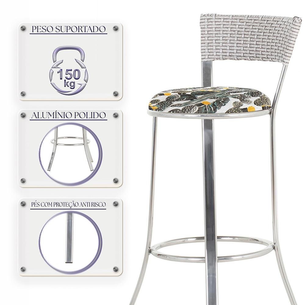 Jogo de Mesa Bistrô com Tampo de Vidro Redondo 4 Banquetas em Alumínio e Fibra Sintética Marmore - 4