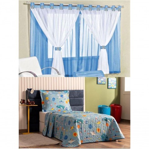 Cortina Juvenil Quarto Menino e Colcha Matelada Foguete - Azul