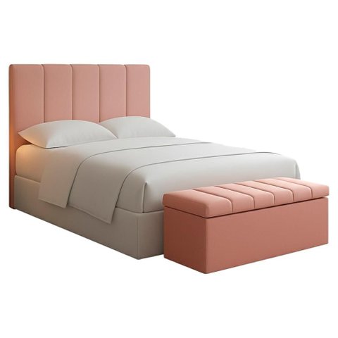 Cabeceira e Recamier Bau Solteiro 90 Cm Dalia Linho Rose Artte
