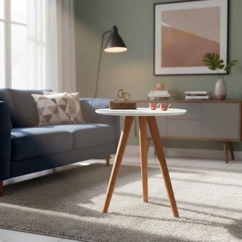 Mesa de Canto Pés Palito Redonda Vidro Madeira Maciça 50cm Branco