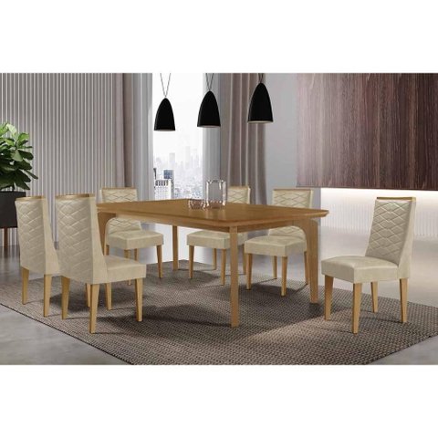 Sala de Jantar Completa Londrina C/ Tampo Madeirado Canto Curvo 180x90cm e 6 Cadeiras Dafne Naturale