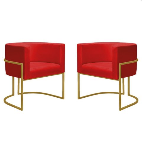 Kit 2 Poltronas Reforçada Decorativa Sala Nayara Base Ferro Dourado Suede Vermelho
