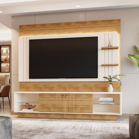 Estante Painel Home para Tv 65" Guaiba Pérola Metaliz/amêndoa- Mabe Magazine