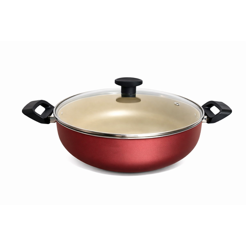 Wok 28 Frigideira Grande Paella Caçarola Teflon Antiaderente Cor Preto:cereja e Bege