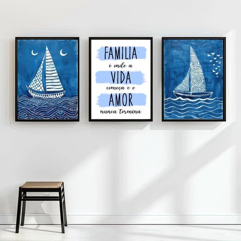 Kit 3 Quadros Arte Nautica Azul - Família 45x34cm:moldura Preta