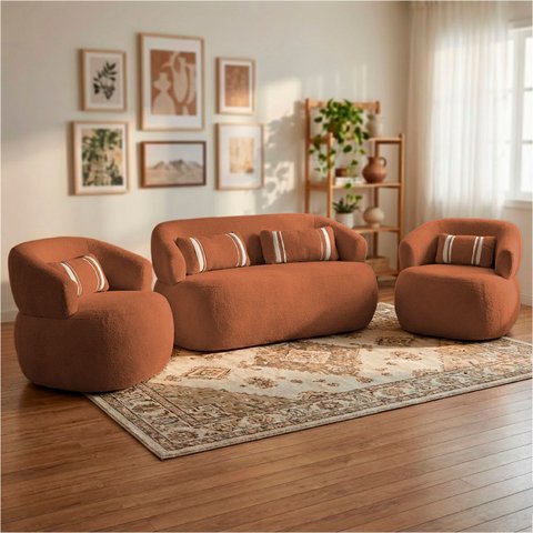 Namoradeira e 2 Poltronas Orgânica Chloe Boucle Terracota com Almofada Plumante - Arkell