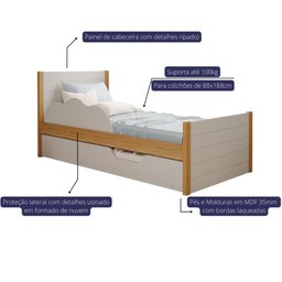 Bicama Infantil Solteiro 100% Mdf Bibox Cama Auxiliar Com Rodizio Uli Nature/off White - 3