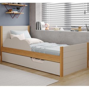 Bicama Infantil Solteiro 100% Mdf Bibox Cama Auxiliar Com Rodizio Uli Nature/off White