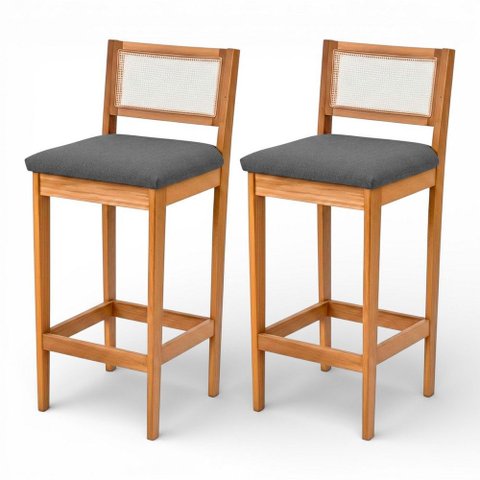 Kit 02 Banquetas Altas Brunella 99cm com Encosto Telinha Estilo Palha Linho Cinza - Abmaza