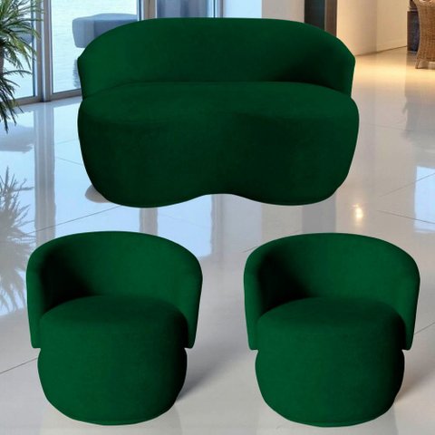 Kit Namoradeira + 2 Poltronas Decorativa Beatriz Orgânica Bouclé Verde