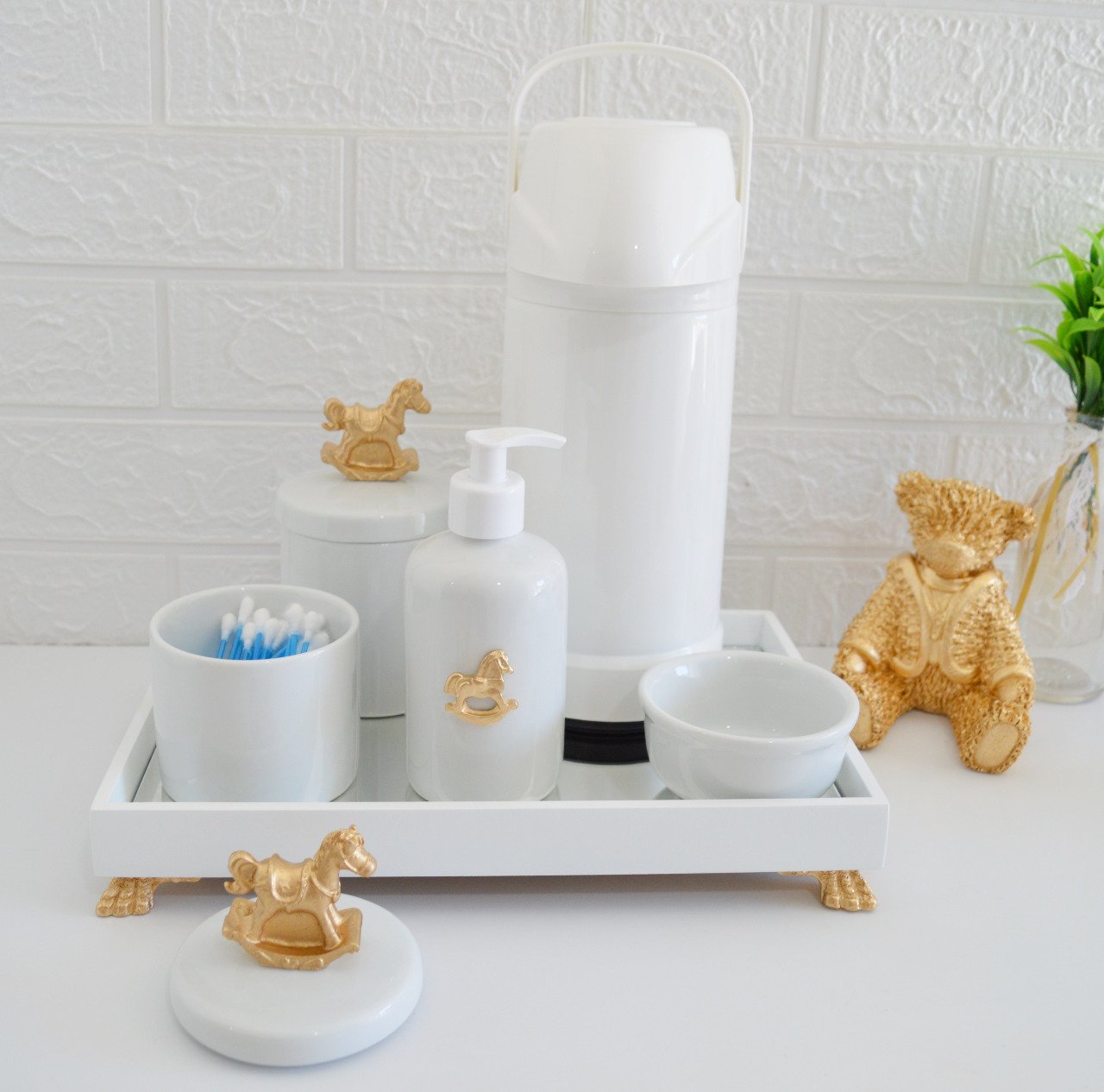 Kit Higiene Porcelanas Baby Completo + Bandeja + Termica - Tema Cavalo