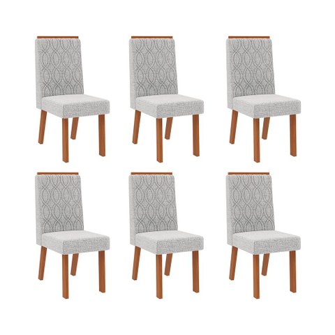 Conjunto com 6 Cadeiras Estofadas para Mesa de Jantar Sara MDF Freijó Linho Neblina DJ Móveis