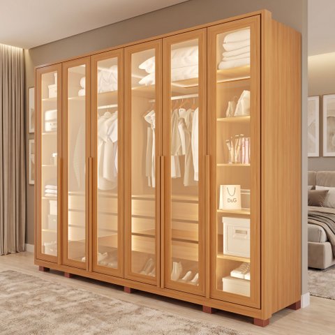 Guarda-Roupas Spectra 100% MDF 6 Portas 6 Gavetas c/ Kit de Espelhos e Pés