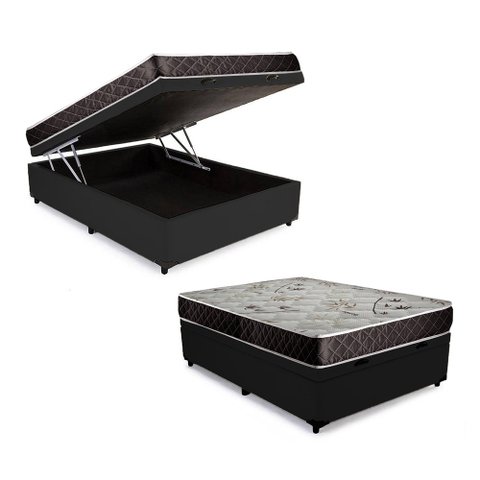 Cama Box Baú Casal Colchão Gold Espuma D33 Acolchões + Box Sintético 59x138x188:Preto