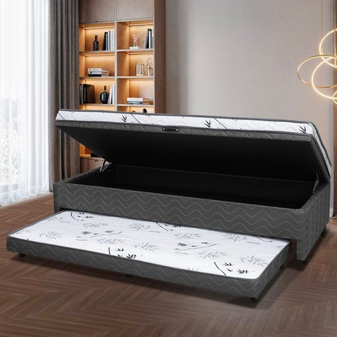 Cama Box Conjugada Solteiro 88CMX51CMX188CM Ortopédica D28 com Baú e Cama Auxiliar Laura Rbf Cinza